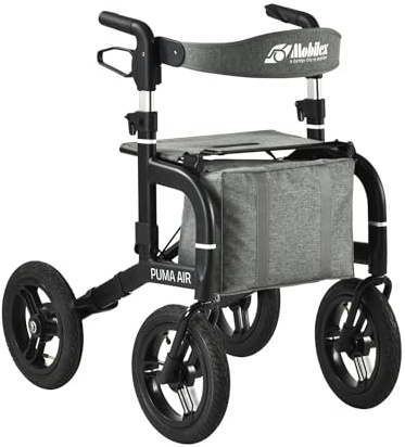 All Terrain Rollator with Pneumatic Tires | Outdoor Walker with Big Wheels & Seat | Mobilex Puma Air (Matt Black)