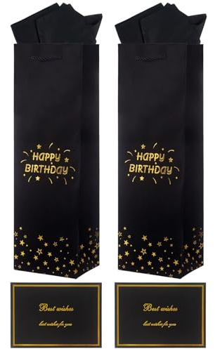 2 Pack Birthday Bottle Bag Black Wine Bags with Happy Birthday Design Tissue Paper & Gift Cards