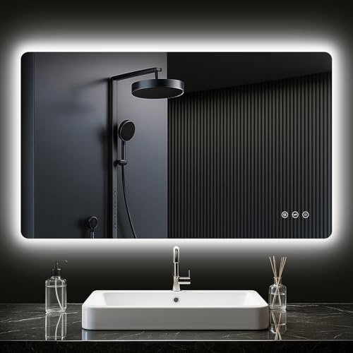 PESENXAN Badrumsspegel med belysning 100 x 60 cm, LED-badrumsspegel med ljus, anti-dimning, 3 ljusfärger, dimbar, rektangulär