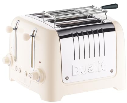 Dualit 4 Slice Lite Toaster, 2kW Toasts 120 Slices an Hour, Polished with Canvas White Trim, Bagel & Defrost Settings, 36 mm Wide Slots, 46263