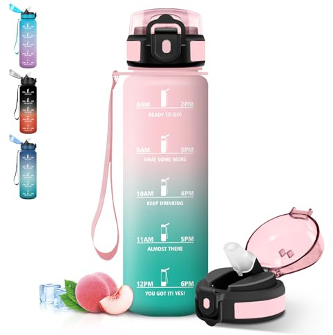 Grsta Borraccia 1 litro, Senza Perdite Borraccie Palestra, con Indicatore del Tempo, Borracce con Cannuccia, Bottiglia Motivazionale per Scuola, Fitness, Campeggio