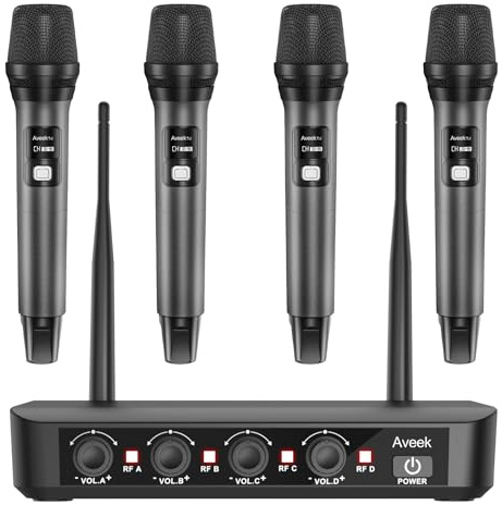 Aveek Wireless Microphone System with 4-Pack Dynamic Handheld Mics, 262ft Long Range, 40-Hour Battery, Low Latency Studio Sound for Karaoke, Singing, Speech, Church, Stage, Wedding, DJ & Events
