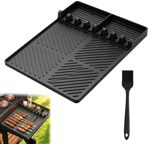 Silikon Grillmatta för Gasolgrill, Svart Silikon Avlastningsmatta för Grillredskap med Borste, Halkfri BBQ-Matta med 3,5 cm Hög Kant för Grilltång, Stekspade och Kryddor