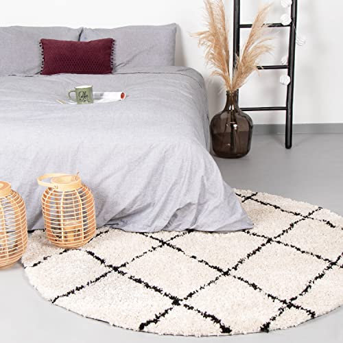 FRAAI | Home & Living Teppich Hochflor Rund - Grand Lines Creme Schwarz - Kariert, Gestreift, Shaggy - Modern, Skandinavisch - Wohnzimmer, Esszimmer, Schlafzimmer - Fellteppich - Carpet