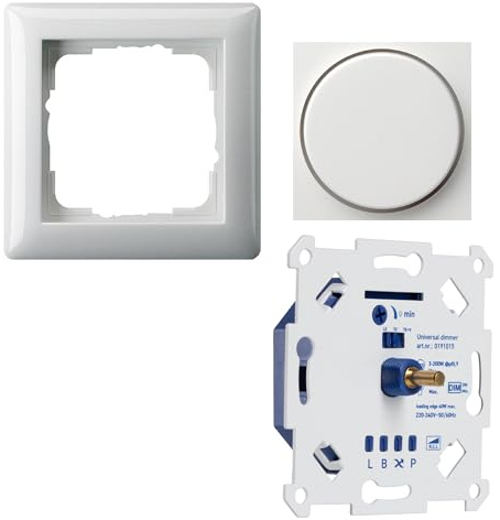 LED-Dimmer 3-250W Digital, nur 16 mm Einbautiefe, 2-Draht-Technik zur Nachrüstung, LED Halogen Glühlampen, Komplettset mit Gira-Standard 55 reinweiß glänzend Phasenanschnitt und Phasenabschnitt