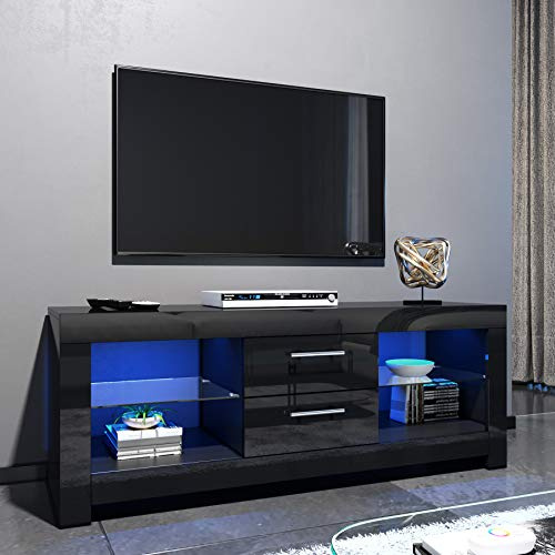 ELEGANT 1300mm TV Stand with LED Lights Ambient TV Cabinet Modern Black Gloss for Living Room and Bedroom with Storages Home Furniture for 32 40 43 50 52 55 inch 4k TV
