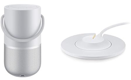 Bose Portable Smart Speaker – mit integrierter Alexa-Sprachsteuerung, in Silber + Portable Home Speaker Ladeschale, Silber
