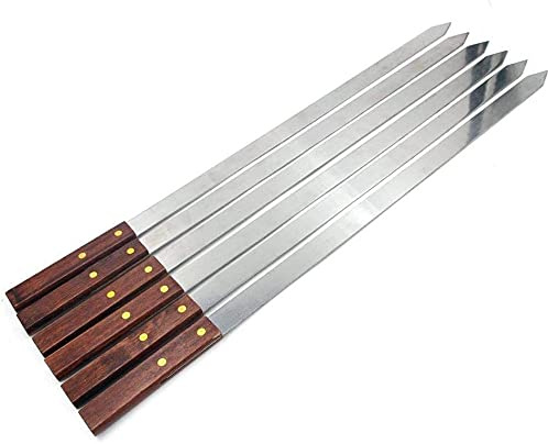 BBQ Skewers Flat Wooden Handle Set (5 and 10 Pack) - Reusable Metal Sticks for Barbecue, Brazilian, Turkish Kebab, Shish Kabob (Lx58 Wx1.5 Tx0.2) cm