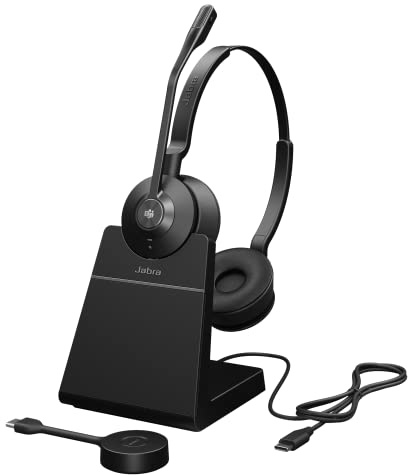 Jabra Engage 55 Schnurloses Stereo-Headset mit Link 400 USB-C DECT-Adapter - Mikrofon mit Geräuschunterdrückung, umfangreiche Reichweite und Ladestation - Für MS Teams Zertifiziert - Schwarz