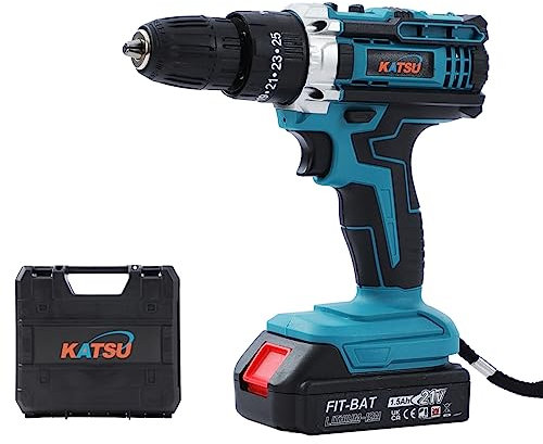 KATSU FIT-BAT 18V Taladro Atornillador Inalámbrico con 1 x 1,5Ah Batería y Cargador, 10mm Portabrocas sin Llave, 2 Velocidad y luz LED, para Hogar DIY (Económico)