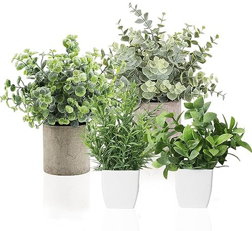ToKinCen 4 Stück Künstliche Pflanze im Topf, künstliche Pflanzen für draußen, Deko Pflanzen für den Tisch, Kunstpflanzen wie echt für Haus, Balkon, Büro