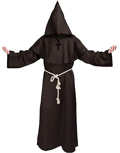 Kitimi munk kostym vuxna män, munk rock med huva, kostym, medeltida klosterhuva, renässans präst rock, halloweenkostymer för män, maskeraddräkt för halloween, karneval