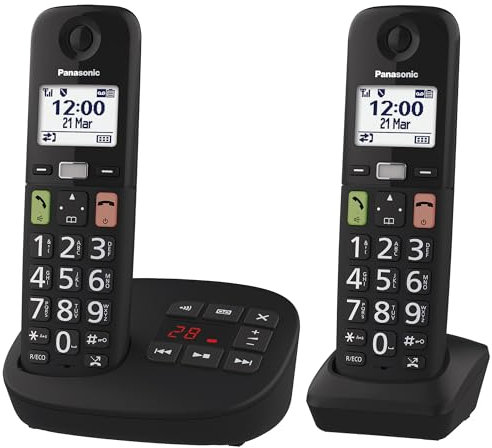 Panasonic KX-TGU132EXB Telefono Cordless Digitale con Segreteria Telefonica, Unità Base e 2 Ricevitori, Display LCD, Tasti Grandi, Fav Call, Compatibile con gli Apparecchi Acustici, Nero