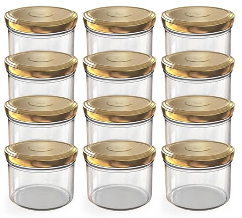 Oputec Lot de 12 bocaux de 230 ml avec couvercles à visser dorés – Parfaits pour les confitures, les confitures et plus encore, petits bocaux avec couvercle, idéal comme mini pots à confiture et