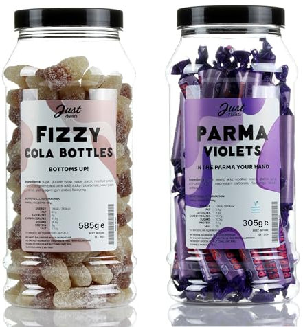 Just Treats Parma Violets and Fizzy Cola Bottles - Sweet Gift Jars of Elegant Tangy Pair - 25,11