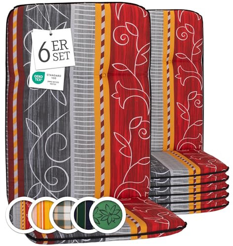 Beo Bali Paspelauflage Hochlehner grau, rot, gelb mit Ranke Elmira 114x47 cm, 6er Set | Waschbare, atmungsaktive Auflagen | UV-beständige Sitz-Auflagen | Made in EU Öko-Tex Standard | Pflegeleicht