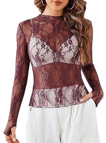 BrightGlow Dam sexig spets topp transparent långärmad tröja rund hals nättoppar spetsblus damer eleganta lediga toppar sheer mesh spets topp för klubb fest