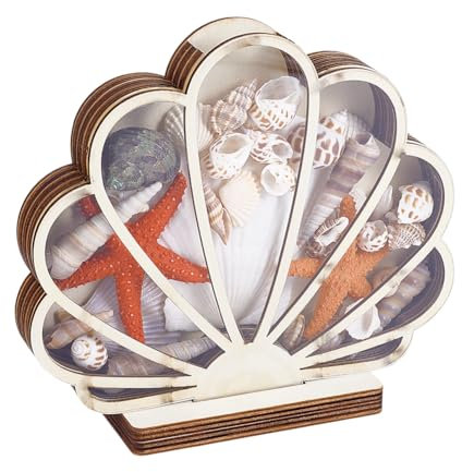 PH PandaHall Vitrina de concha, caja de madera de 7.8 x 7 pulgadas con ventana transparente, soporte de concha de madera, caja de exhibición en forma de concha para decoración costera de playa,