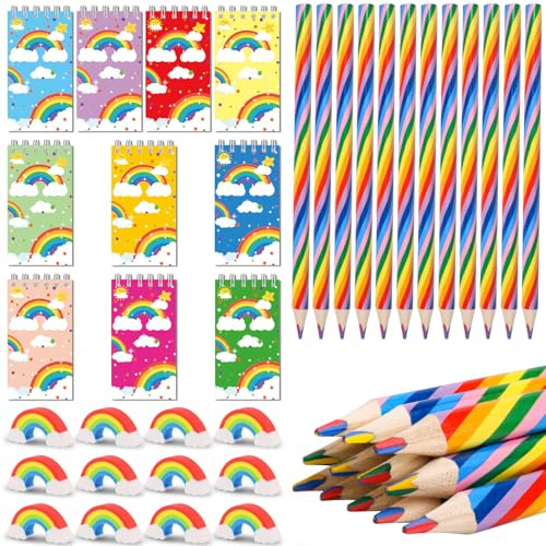 Rdlobu Lot de 34 crayons arc-en-ciel, 12 crayons et 12 gommes ciel, 10 carnets arc pour anniversaire d'enfant, cadeaux d'invités, dessin d'art