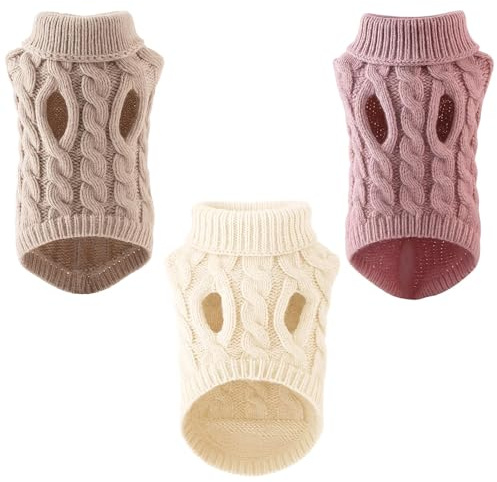 3PCS Dog Jumpers, Knit Sweaters for Small to Medium Dogs, Soft Warm Winter Dog Outfits for Small Dogs (White, khaki, and leather powder XL)
