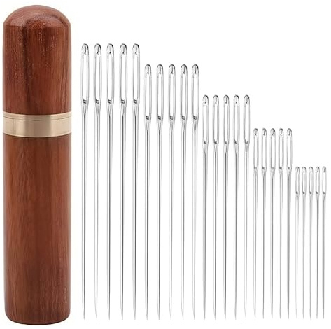 25 Pièces Aiguilles Couture, Aiguilles à Coudre à Grand Chas avec 1 Boîte à Aiguille en Bois, Aiguille à Coudre à la Main Très Résistantes pour la Couture à la Main DIY