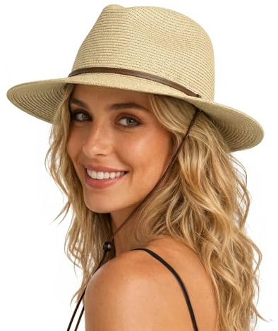 Zylioo Sombrero Panamá de paja XXL XL para cabezas grandes, sombrero de verano UV M S con correa para la barbilla, caja de regalo para viajes en la playa y al aire libre, Beige cubano, S/L