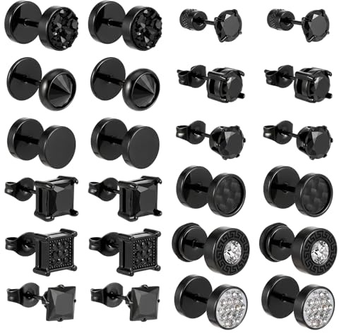 12 Pairs Black Earrings for Mens, Black Earrings Studs Stainless Steel