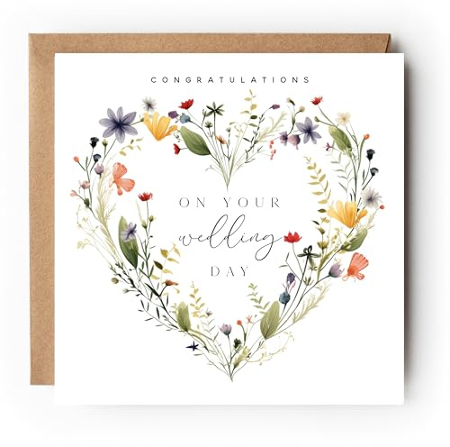 Congratulations on Your Wedding Day Card, Wildflower Watercolour Wreath Design, 300gsm, Blank Inside, with Kraft Envelope