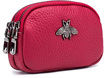 ZOONAI Genuine Leather Double Zipper Coin Purse Bee Change Pouch Credit Card Holder (Wine Red)