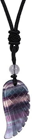 TUMBEELLUWA Carved Stone Dainty Angel Wing Necklace Chakra Quartz Pendant with Cord Amulet Healing Crystal Jewelry for Unisex, Fluorite