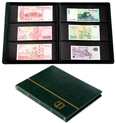 Ettonsun Porte-billets de banque en cuir à 60 poches pour collectionneurs, album de monnaie, fournitures de collection, livre de voyage, billets, classeur de collection pour souvenirs en papier (vert)