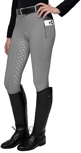 FitsT4 Sports Damen Reitleggings Silikon Vollbesatz Reithose mit Handytasche und Gürtelschlaufen,Grau,Gr.M