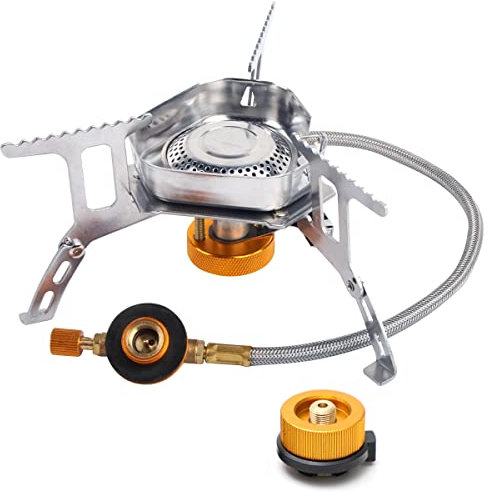 Gaskocher mit Piezozündung, Darryy 3500W, 240g Gaskocher mit Piezozündung Indoor, Kleiner Gaskocher Camping, Faltbarer Gaskocher Camping, mit Tragebox und Gas Adapter, Outdoor Trekking Wandern