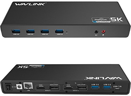 Wavlink Estación de acoplamiento universal USB C 5K para portátil Ultra HD con 2 puertos HDMI y DisplayPort, Gigabit Ethernet, tipo C, 6 USB 3.0, audio, micrófono