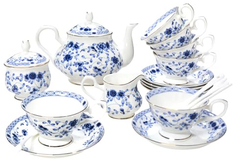 LE POTOCIO Bone China Tea Set, 21-Pieces Porcelain Tea Set for Adults, Tea Cups And Saucers for 6, with Teapot, Spoons, Sugar Bowl, Creamer Pitcher, Vintage Tea Set for Women Tea Party,Gift Box (Blue)