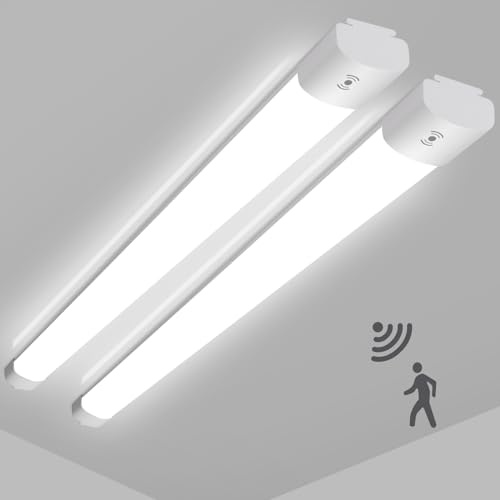 LEOEU Neon LED 60CM(Pack of 2), Plafonnier LED avec detecteur de mouvement 20W 2200LM, IP65 Imperméable Luminaire Plafonnier pour Atelier, Sous Sol, Bureau, Grange, Grand Magasin