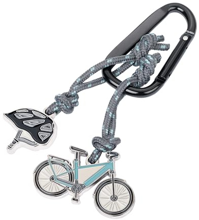 TROIKA Schlüsselanhänger mit Karabinerhaken – E-BIKE – 2 Anhänger an dekorativem Kletterseil: Fahrrad, Helm – Aluminium, Emaille, Metallguss, Nylon – grau, petrol, schwarz Original