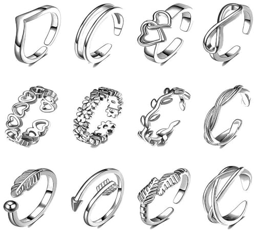 VilaGi 12Pcs Toe Rings for Women, Adjustable Toe Ring Set Silver Plated Open Toe Rings Girls Stackable Rings Simple Thumb Ring Knuckle Ring Joint Ring Summer Foot Jewelry