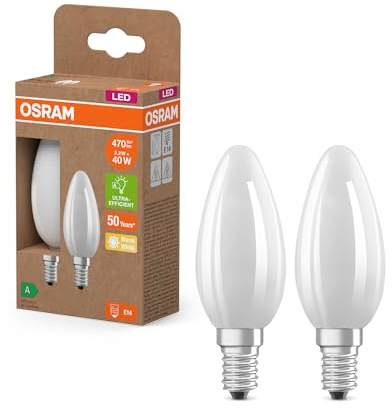 Osram LED Superstar Classic LED-Lampe B 40 in klassischer Minikerzenform aus gefrostetem Glas, 2.2 W, 470 lm, E14 Fassung, 2700 K für warmweißes Licht, EEK A, 35 mm Durchmesser, 2er-Pack