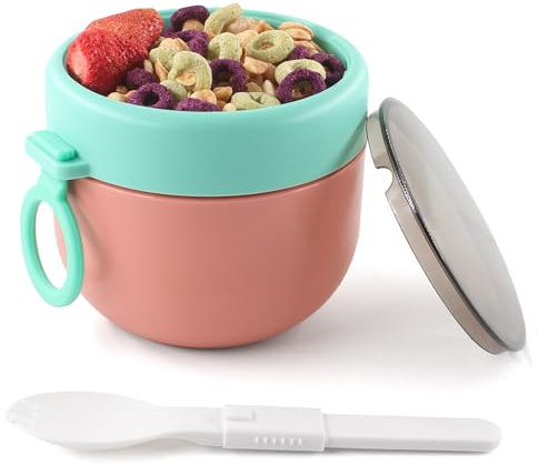 HUAERSICO Frühstücksbecher To Go mit Klapplöffel, 600 ml Fruchtsalat-Becher To Go Kinder, für Frühstück & Snacks, Auslaufsicherer Porridge Becher, Ideal für Schule, Ausflug, Arbeit und Picknick（Rot）