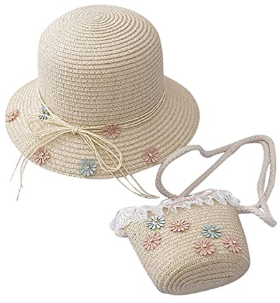 Ropa infantil para niñas sombrero + sombrero de paja sombrero de protección solar paja bolsa de verano niños sombrero de protección solar en la playa bufanda con gorro niño, beige, Talla única