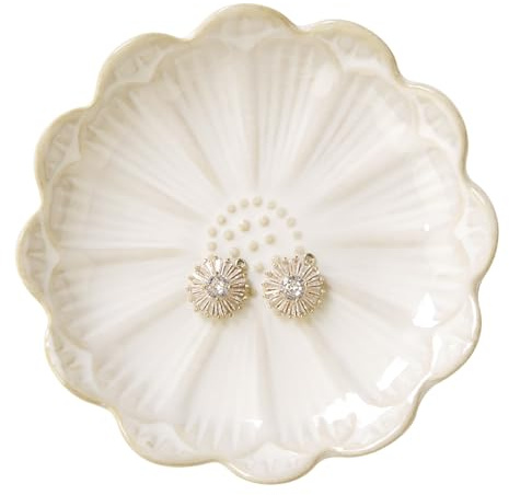 Lotus Ring Holder Dish Small Indoor Ash Tray, Ceramic Dessert Plate Trinket Jewelry Holder Organizing Necklace Earrings for Parents Friends Sister, White. All Jewelries Are NOT Included.