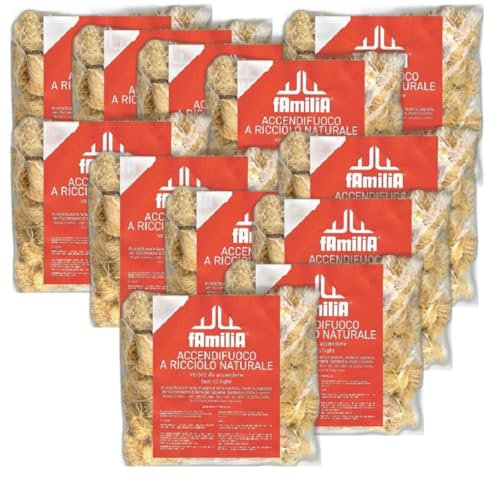 Accendifuoco a Ricciolo Naturale Familia Forni per Pizzeria ,Lana di Legno e Cera Naturale, Ecologico Inodore, 20pz(12, Accendifuoco a Ricciolo)