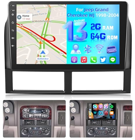 NHOPEEW Radio de Coche 2+64G para Jeep Grand Cherokee WJ 1998-2004 - Carplay inalámbrico y Android Auto - Estéreo Android 13 de 9 Pulgadas con WiFi EQ GPS FM RDS + Cámara de visión Trasera AHD
