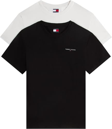 Tommy Jeans Camisetas de Manga Corta Pack de 2 Hombre Slim Linear con Cuello Redondo, Blanco (Ecru/Black), L