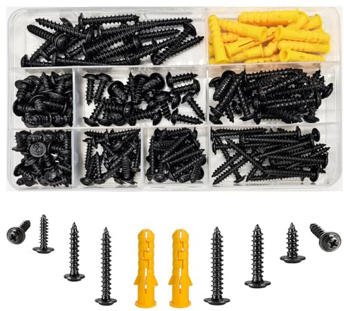 200 Pcs M5/M4 Self Tapping Screws, 8-30mm Black Round Head with Washer Self Drilling Screw, Carbon Steel Pan Head Wood Screws Assortment Set for Repairing(Black)