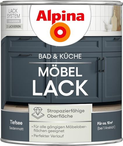 Alpina Bad & Küche Möbel-Lack Tiefsee – seidenmatter Lack für Bad- & Küchenmöbel aus Holz & MDF, streichfertig, hochdeckend & feuchtraumgeeignet, ideal für DIY-Renovierung – 0,75L