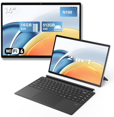FUNYET Portátil 2 en 1, Sistema Win 11 de 14 Pulgadas Laptop, con procesador N100, 16 GB de RAM + 512 GB de SSD Notebook, Teclado retroiluminado, Pantalla táctil y Puerto Tipo C.