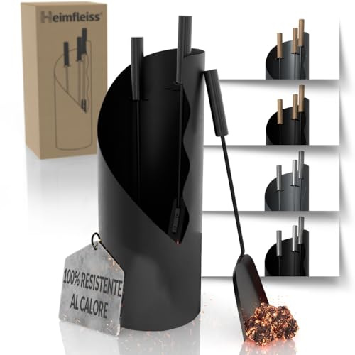 Heimfleiss® Set Camino Nero Moderno | Attrezzi per Camino Set Camino | Kit Camino di Qualità con Attizzatoio, Spazzola-Paletta | Accessori Camino con Manici Neri