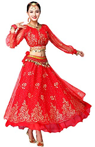 Grouptap Bollywood Indiano Donna Manica Lunga Anarkali Lehenga Choli Saree Abito Rosso Arabo Principessa Danza del Ventre Gonna Abiti Costume (Rosso, 150-170 cm, 45-70 kg)
